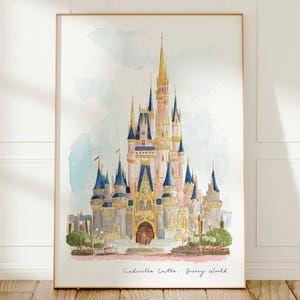 Walt Disney World, Florida, Castello di Cenerentola, USA, Stampa artistica di viaggio, Acquerello