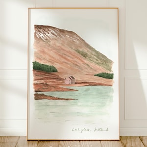 Loch Glass, Pink House, Scottish Highlands, Scotland Travel Art Print, Watercolour Painting