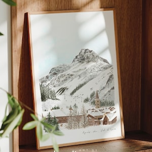 Alpi francesi, stazione sciistica di Val d'Isère, Francia, stampa artistica di viaggio, dipinto ad acquerello
