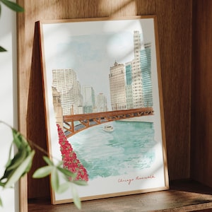 Stampa artistica di viaggio, dipinto ad acquerello, Chicago Riverwalk, Illinois, USA