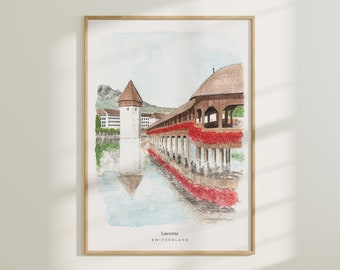 Lucerne, Switzerland, Chapel Bridge, Travel Art Print, Watercolour Painting