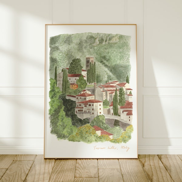 Tuscany, Barga, Tuscan Hills, Italy Travel Art Print, Watercolour Painting