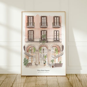 Barcelona, Plaça Reial Square, La Rambla, Spain Travel Art Print, Watercolour Painting image 1