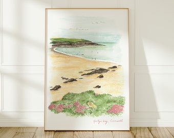 Cornwall, Harlyn Bay, Padstow, England UK Travel Art Print, Watercolour Painting