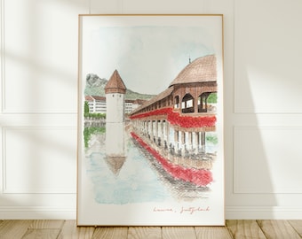 Lucerne, Switzerland, Chapel Bridge, Travel Art Print, Watercolour Painting