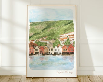 Bergen, Bryggen Wharf, Norway, Travel Art Print, Watercolour Painting