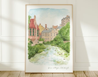 Edinburgh, Dean Village, Water of Leith, Scotland UK Travel Art Print, Watercolour Painting