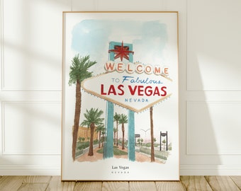 Las Vegas, Welcome to Fabulous Las Vegas Sign, Nevada, USA Travel Art Print, Watercolour Painting