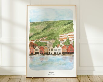 Bergen, Bryggen Wharf, Norway, Travel Art Print, Watercolour Painting