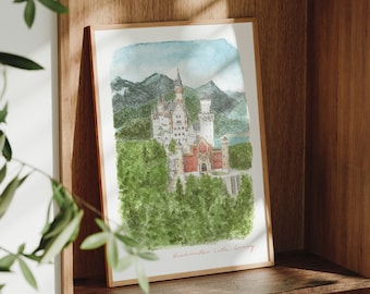 Neuschwanstein Castle, Germany, Travel Art Print, Watercolour Painting