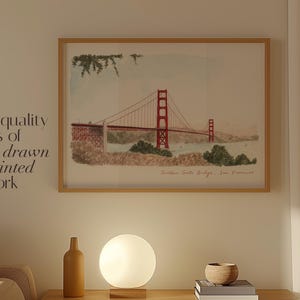 Lámina artística del Puente Golden Gate, San Francisco, California, EE. UU., Pintura de acuarela de viaje imagen 3