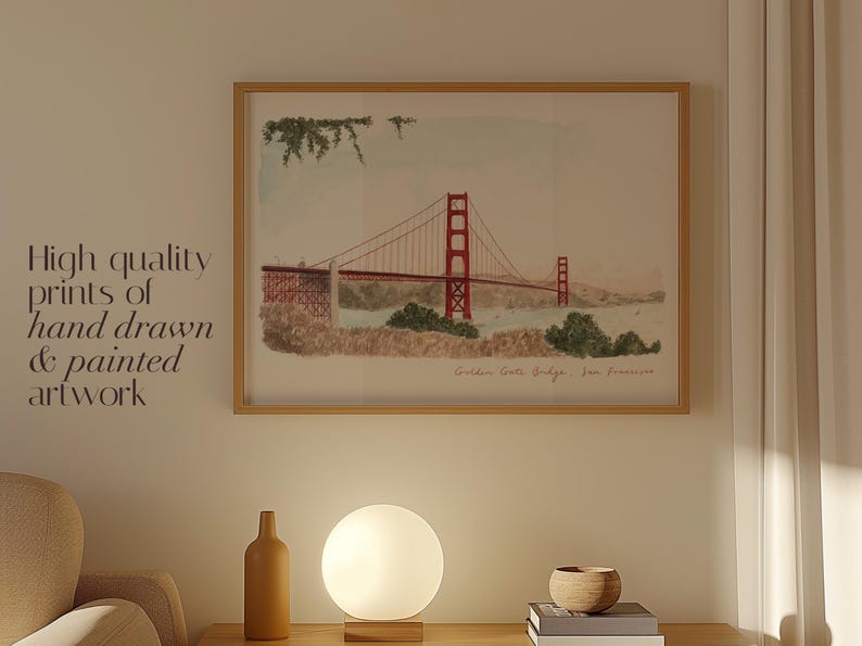 Lámina artística del Puente Golden Gate, San Francisco, California, EE. UU., Pintura de acuarela de viaje imagen 3
