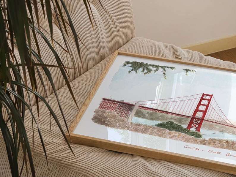 Lámina artística del Puente Golden Gate, San Francisco, California, EE. UU., Pintura de acuarela de viaje imagen 4