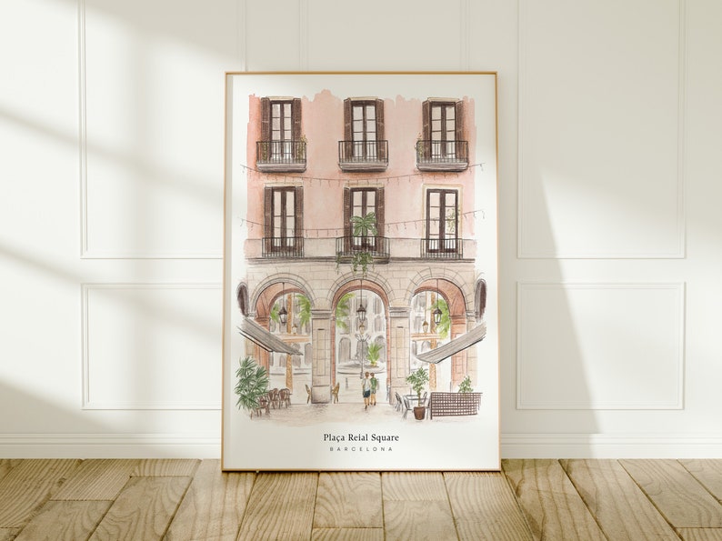 Barcelona, Plaça Reial Square, La Rambla, Spain Travel Art Print, Watercolour Painting image 1