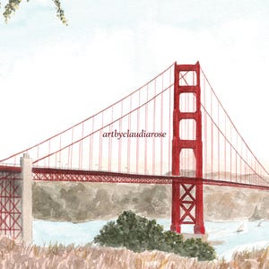 Lámina artística del Puente Golden Gate, San Francisco, California, EE. UU., Pintura de acuarela de viaje imagen 2