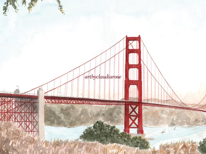 Lámina artística del Puente Golden Gate, San Francisco, California, EE. UU., Pintura de acuarela de viaje imagen 2