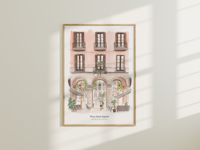 Barcelona, Plaça Reial Square, La Rambla, Spain Travel Art Print, Watercolour Painting image 4