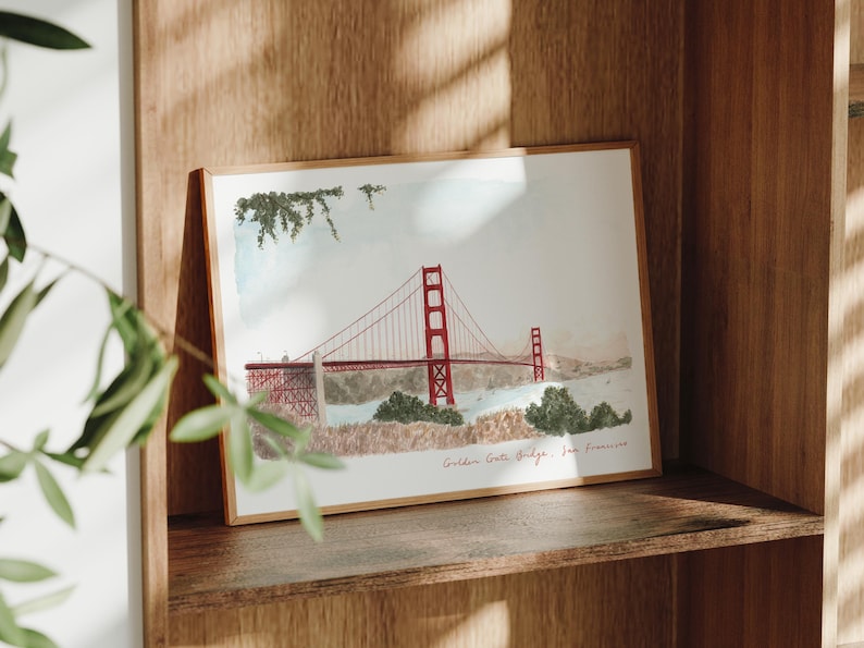 Lámina artística del Puente Golden Gate, San Francisco, California, EE. UU., Pintura de acuarela de viaje imagen 1