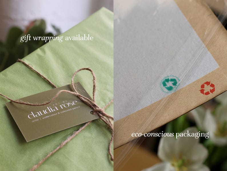 K&ouml;nnte beinhalten: Ein Geschenk, verpackt in hellgr&uuml;nes Papier, mit Bindfaden gebunden, und ein Etikett mit der Aufschrift "claudia rose artist | watercolour & coloured pencil". Die Verpackung enth&auml;lt ein Etikett mit der Aufschrift "umweltbewusste Verpackung".