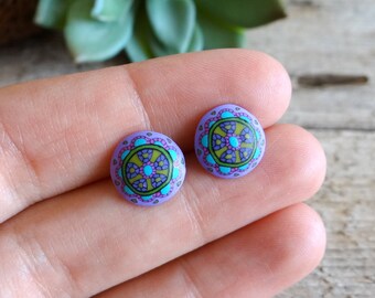 Purple and Turquoise Stud Earrings, Colorful Mandala Earrings, Polymer Clay Funky Earrings, Unique Bohemian Earrings for Sensitive Ears