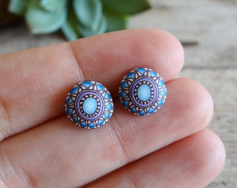 Sky Blue and Brown Mandala Earrings, Small Bohemian Earrings, Everyday Mens Earrings, Cute Abstract Earrings, Hypoallergenic Stud Earrings