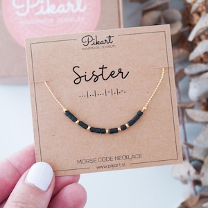 Verborgen bericht ZUS-morsecodeketting, sierlijke vergulde kralenketting, doordacht cadeau voor zus, gepersonaliseerde minimalistische sieraden