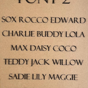 May include: A list of names written in a simple, sans-serif font. The names are: Sox, Rocco, Edward, Charlie, Buddy, Lola, Max, Daisy, Coco, Teddy, Jack, Willow, Sadie, Lily, Maggie, Rosie, Cooper, and Leo.