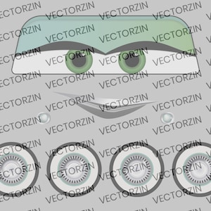 May include: A cartoon-style illustration of a face with a light blue and green windscreen, green eyes, a silver smile, and four silver wheels.