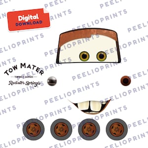 May include: A digital download graphic featuring the face of a rusty tow truck character with large green eyes, two prominent front teeth, and four dark grey wheels with brown centres. Text includes Digital Download, Tow Mater, Towing & Salvage, and Radiator Springs.