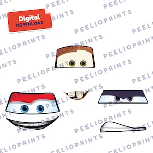 May include: A digital download graphic featuring three sets of cartoon car eyes and mouths. One set has blue eyes and a wide smile, another has green eyes and buck teeth, and the third has narrow purple eyes with a straight mouth line.