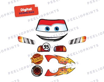 May include: A digital download graphic set featuring a red car face with blue eyes, a wide smile, two side mirrors, and a hood piece with the number 95. Includes a Rust-eze logo, a Lightyear tire, and two orange flame decals with numbers 95 and 56.