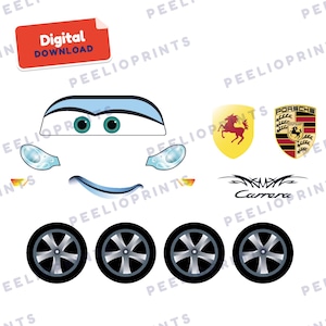 May include: A digital download graphic set featuring a cartoon car face with light blue windshield eyes, blue headlights, and a blue mouth. Includes four black and silver wheels, a yellow horse emblem, a Porsche crest, and Carrera text.
