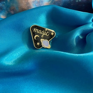 MAGIC Glitter Enamel Pin with Iridescent Ringed Planet, Golden Stars, and Golden Crescent Moon image 5