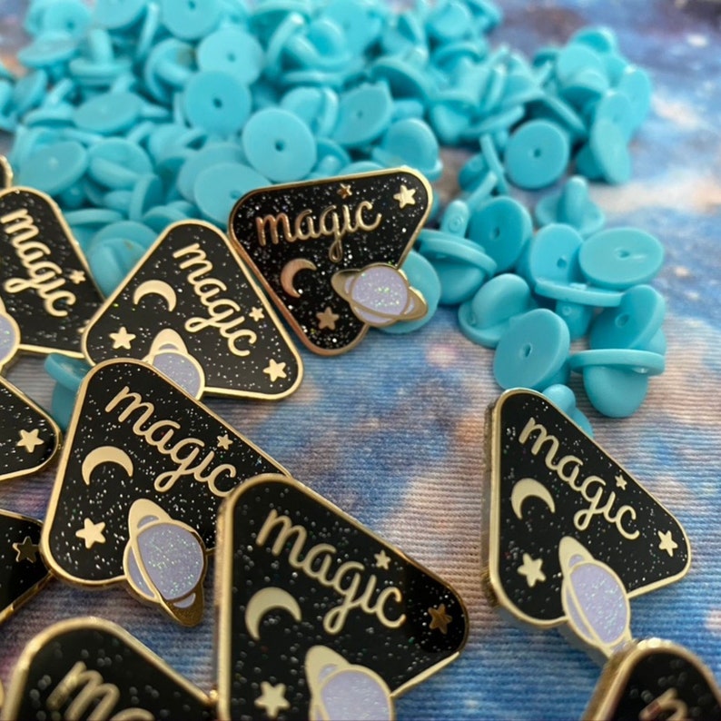 MAGIC Glitter Enamel Pin with Iridescent Ringed Planet, Golden Stars, and Golden Crescent Moon image 4