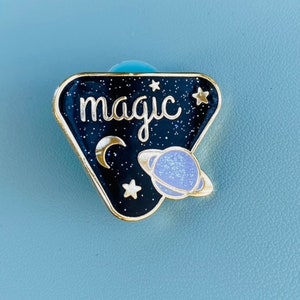 MAGIC - Glitter Enamel Pin with Iridescent Ringed Planet, Golden Stars, and Golden Crescent Moon