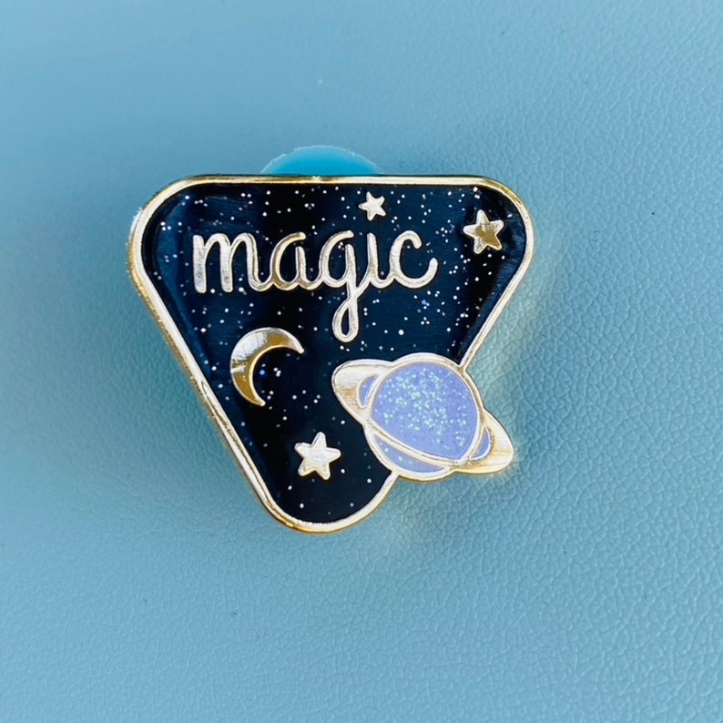 MAGIC Glitter Enamel Pin with Iridescent Ringed Planet, Golden Stars, and Golden Crescent Moon image 1