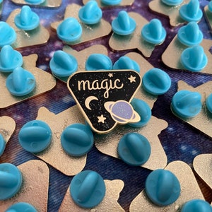 MAGIC Glitter Enamel Pin with Iridescent Ringed Planet, Golden Stars, and Golden Crescent Moon image 2