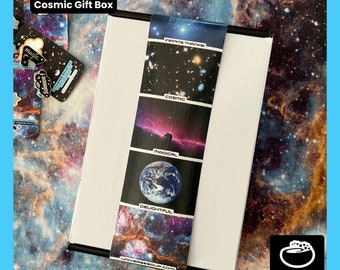 Cosmic Gift Box! 6 enamel pins, 2 sticker sheets, 2 large holo stickers, 2 glitter stickers, + dot journal embossed with gold foil + crystal