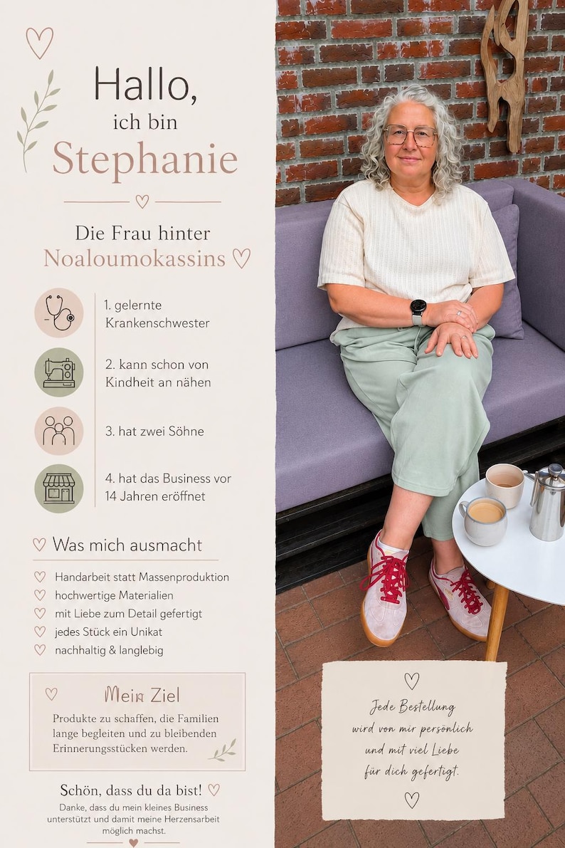 May include: A light-skinned person with curly gray hair and glasses sits on a purple sofa, wearing a cream-colored ribbed shirt and light green trousers. Beside them is a white table with two mugs and a silver coffee press on a brick patio.