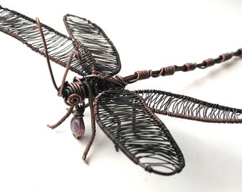 Wire Wrapped DragonFly and mini Amethyst Dangle,wire scultpure, home decor, natural amethyst,gifts,copper decor,decor,desk,art deco