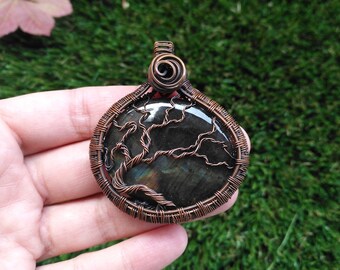 A Tree of Life Pendant using a Labradorite with Oxidized Copper Wire