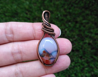 A Moss Agate Wrapped in Oxidized Copper Wire - Pendant