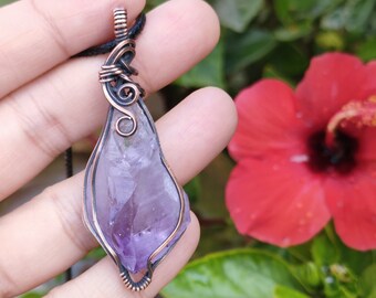 Amethyst Crystal Pendant | Oxidized Copper Wire | Wire Wrapped | rough | Amethyst crystal| Pendant | jewelry | copper jewelry