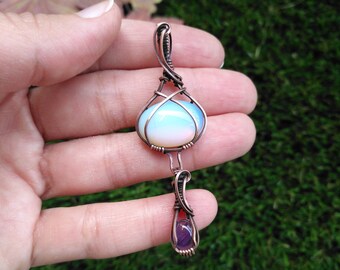 Opalite and Amethyst Double Pendant | Sci Fi Pendant | Talisman | Wire Wrapped Copper Jewelry | Fairy Jewelry | Fantasy Pendant | Apocalypse