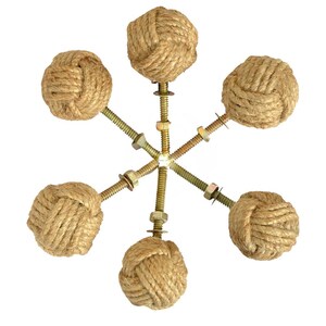May include: Five cabinet knobs featuring spherical, tan-coloured rope knots attached to threaded metal bolts. Each bolt includes a metal washer and a hexagonal nut, providing a secure mounting mechanism for installation on furniture or cabinetry doors.
