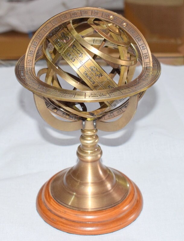 BRASS ARMILLARY SPHERE Globe Clock Spherical Astrolabe Vintage Compass