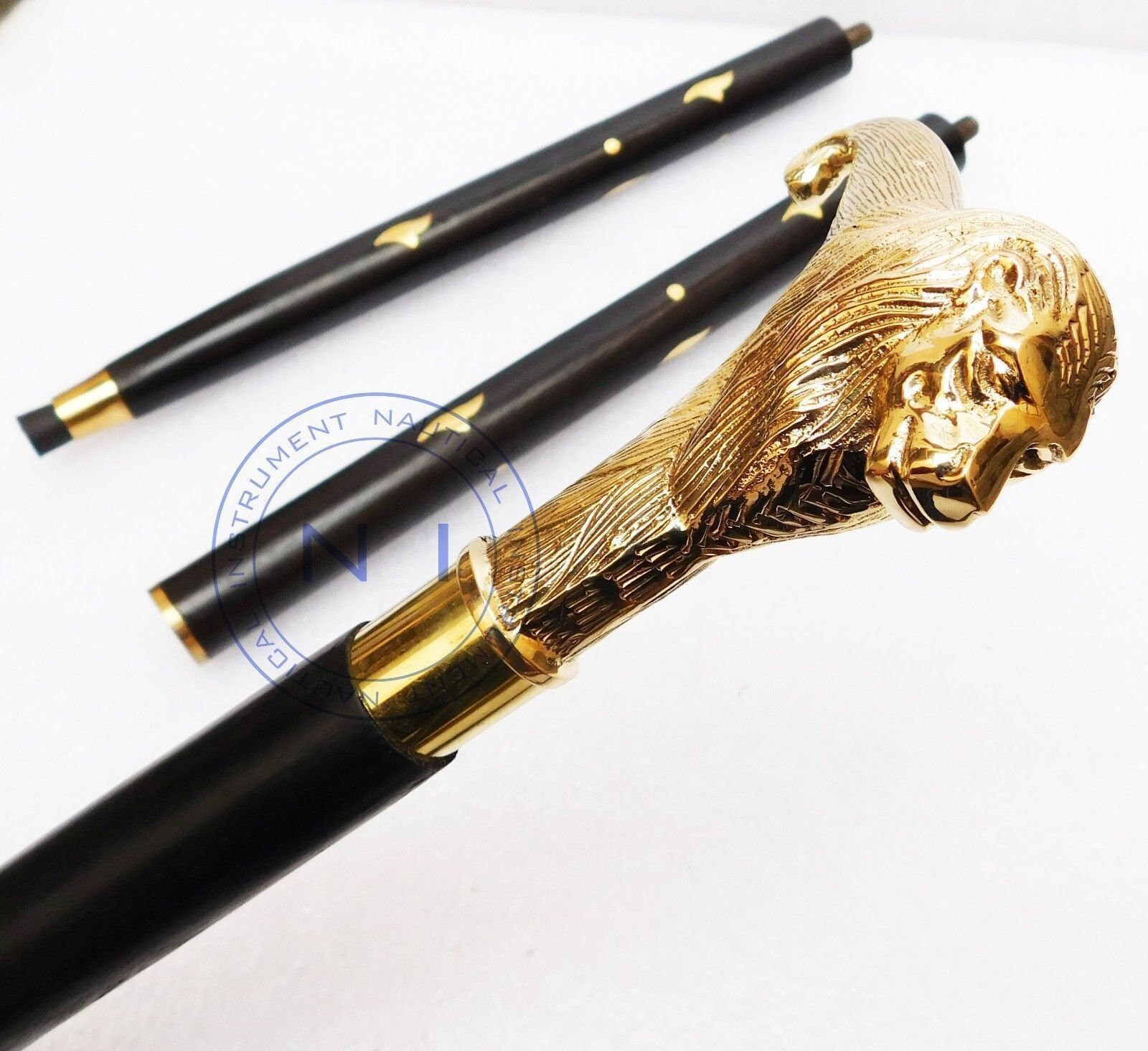Vintage Victorian Solid Brass Lion Head Handle Wooden Walking Stick