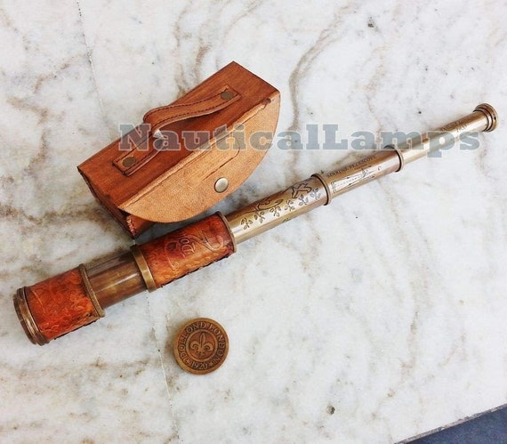 Antique Spyglass Leather Engraving Scope Pirate Vintage Gift Brass Telescope