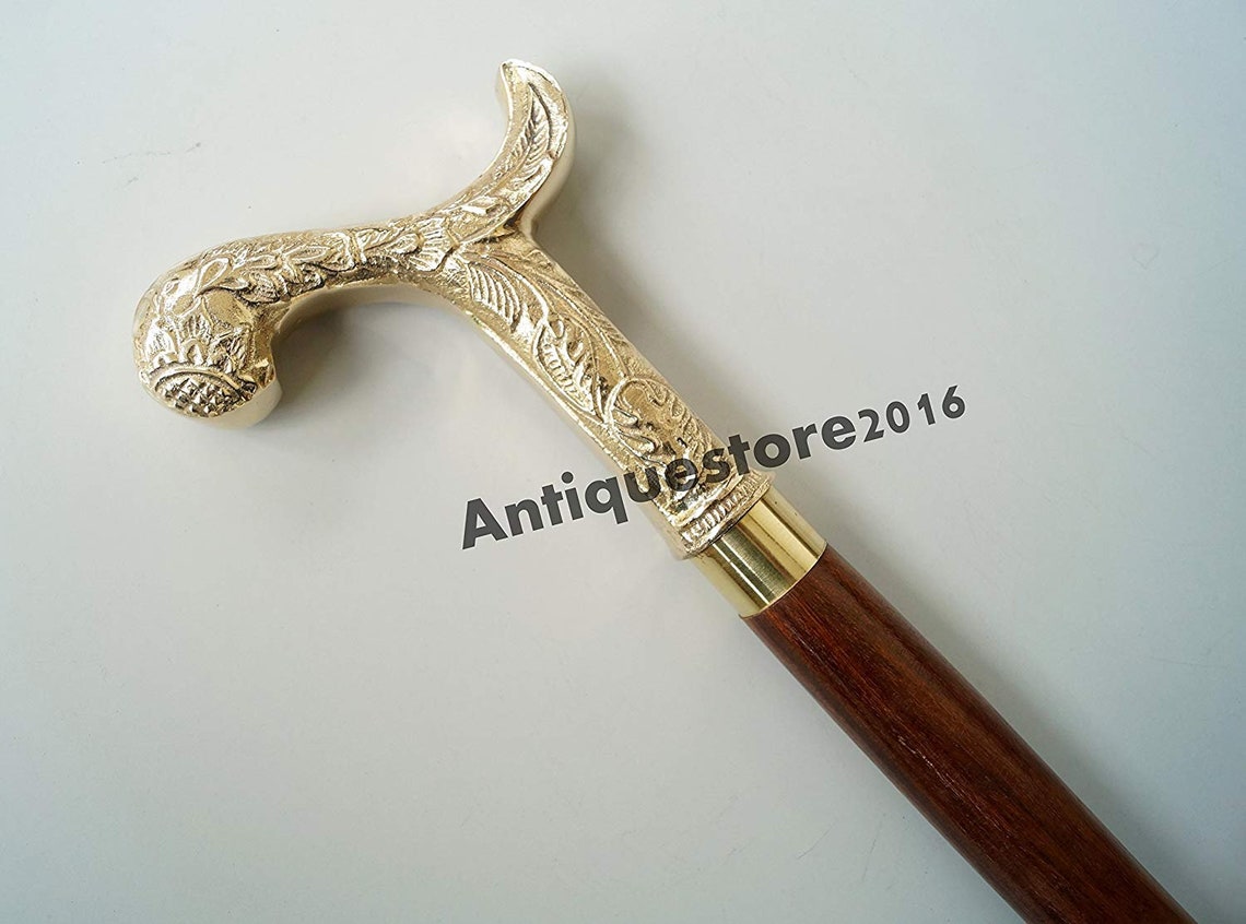 Antique Vintage Brass Designer Handle Walking Cane Wooden Etsy