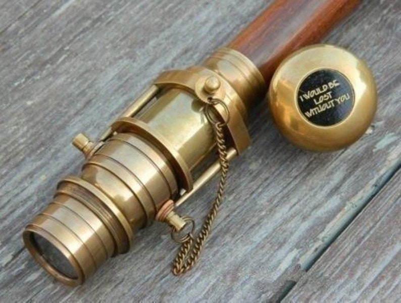 Antique Brass Walking Telescope Handle Cane Brass Wood Stick Folding Hidden Spy